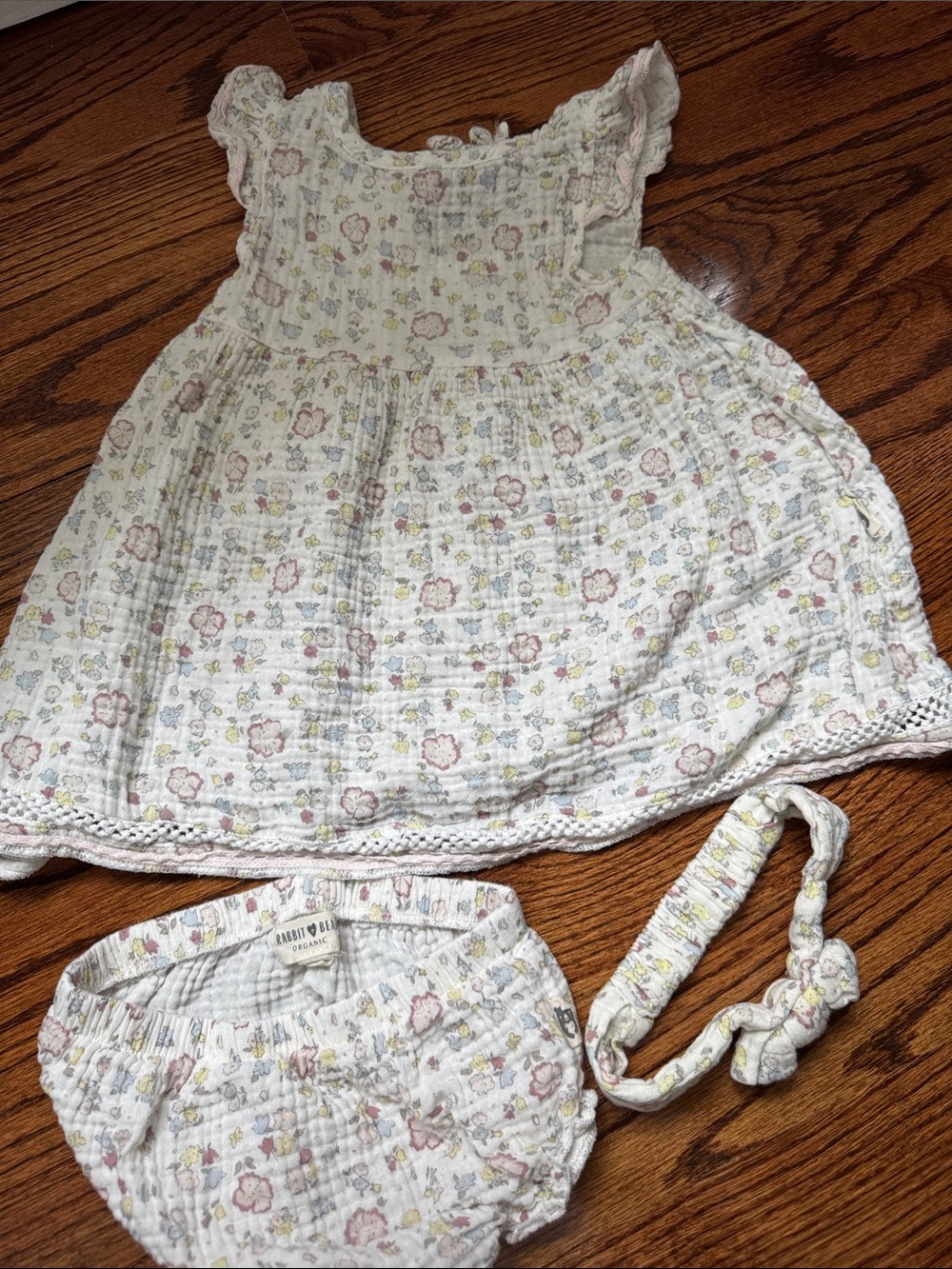 Cream Floral Baby Dress Set with Matching Bloomers & Headband